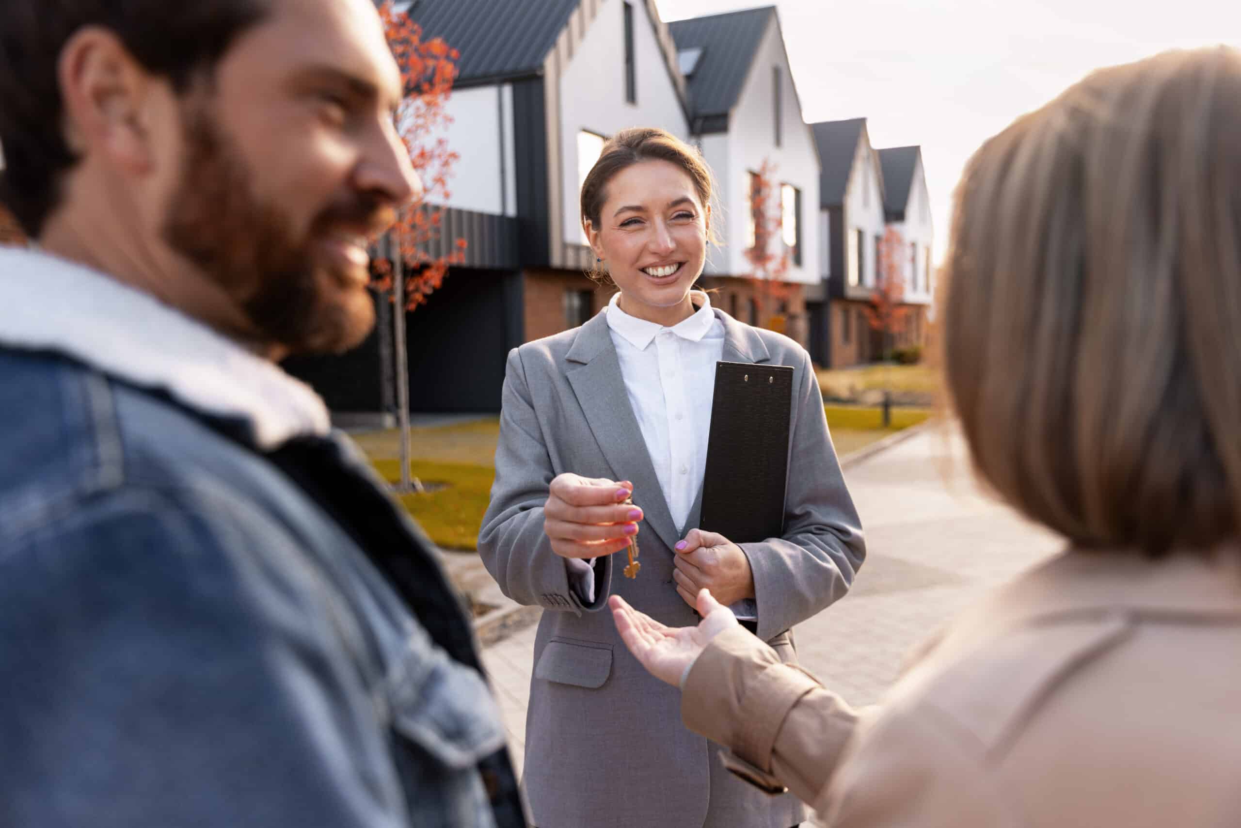 Property owner reviewing rental agreement paperwork with a manager