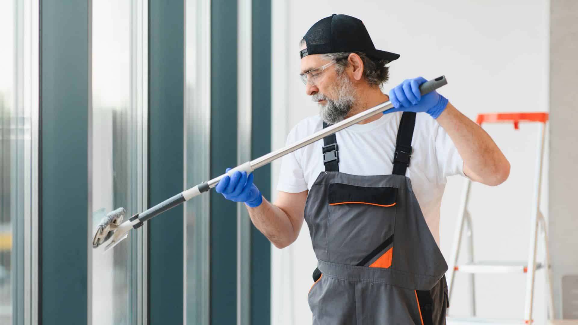 Maintenance technician cleaning windows at a rental property